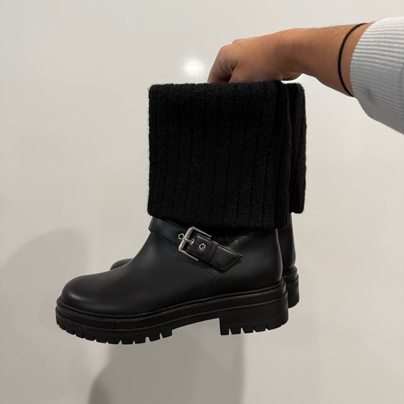 Gianvito Rossi Thurso Knit Collar Moto Combat Leather Boots - Picture 7 of 16